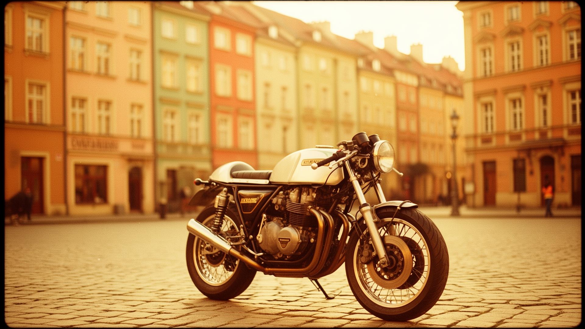 Classic café racer motorcycle parked in Warsaw's Old Town at golden hour